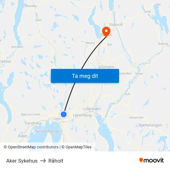 Aker Sykehus to Råholt map
