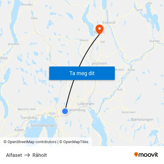Alfaset to Råholt map
