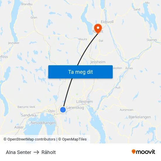 Alna Senter to Råholt map