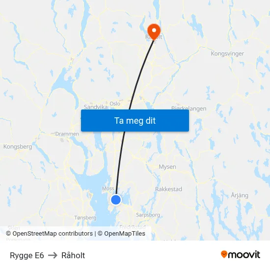 Rygge E6 to Råholt map