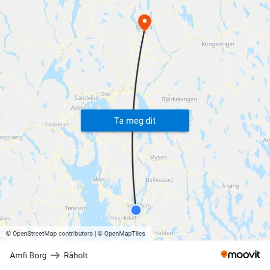Amfi Borg to Råholt map