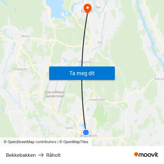 Bekkebakken to Råholt map