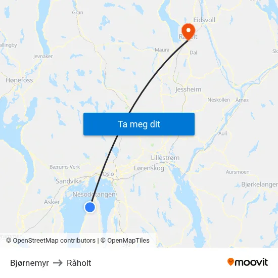 Bjørnemyr to Råholt map