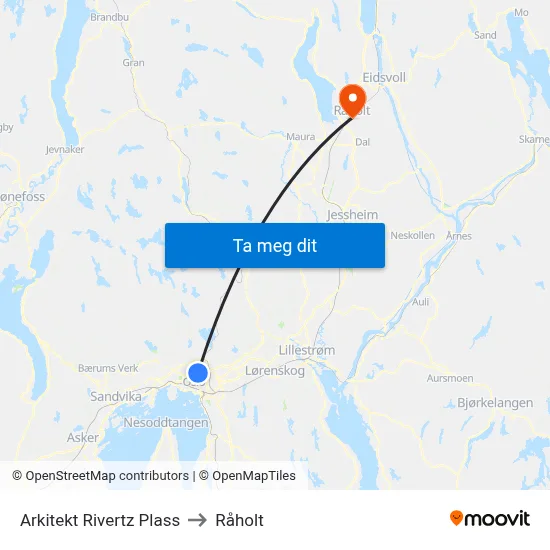 Arkitekt Rivertz Plass to Råholt map