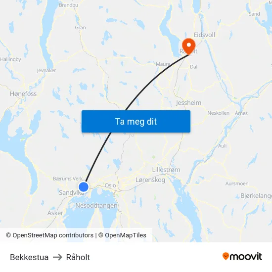 Bekkestua to Råholt map
