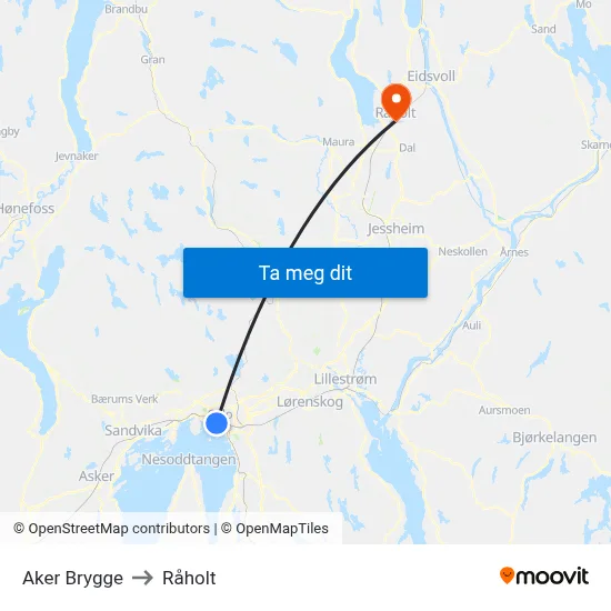 Aker Brygge to Råholt map
