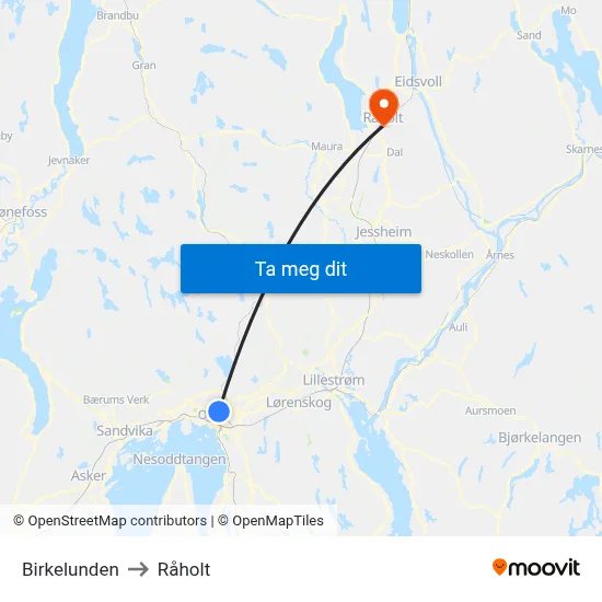 Birkelunden to Råholt map