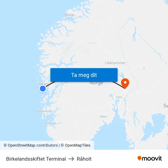 Birkelandsskiftet Terminal to Råholt map