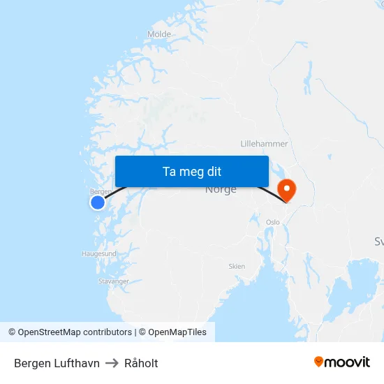 Bergen Lufthavn to Råholt map
