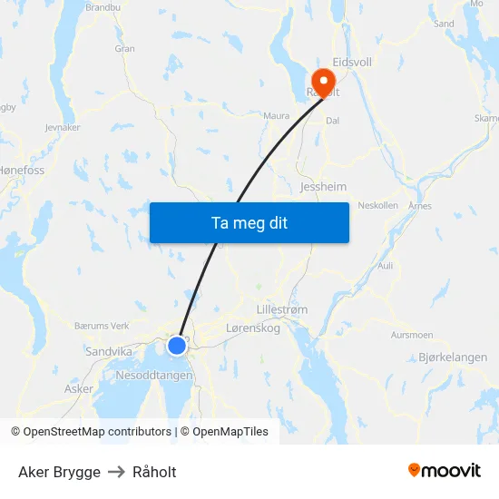 Aker Brygge to Råholt map
