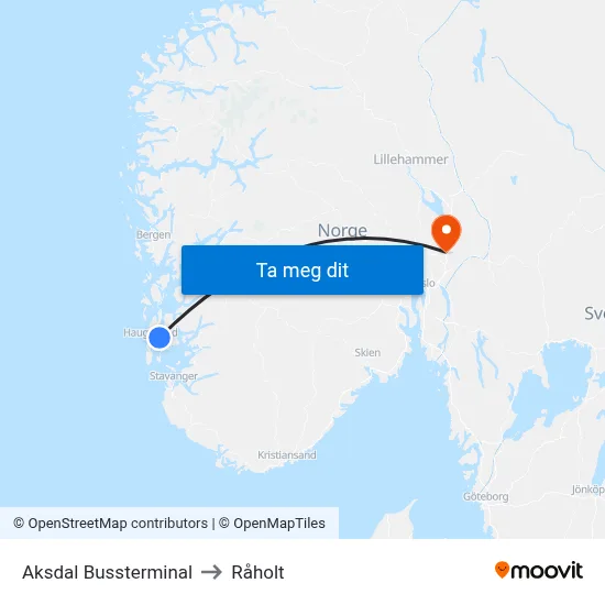 Aksdal Bussterminal to Råholt map