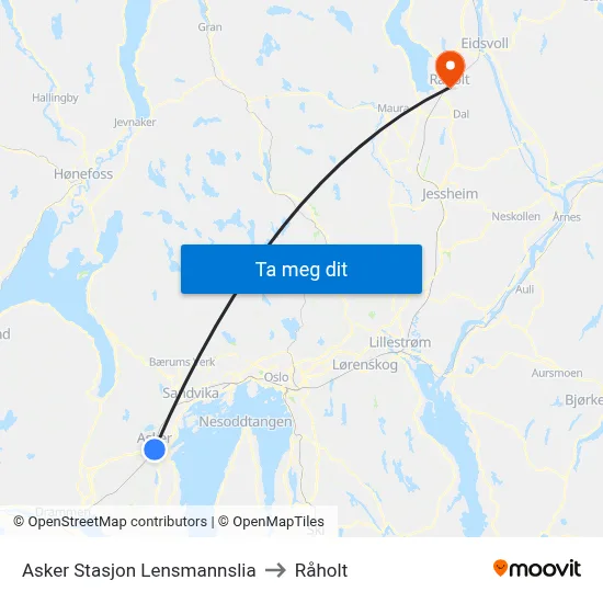 Asker Stasjon Lensmannslia to Råholt map