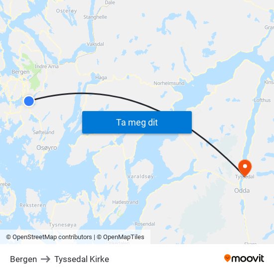 Bergen to Tyssedal Kirke map