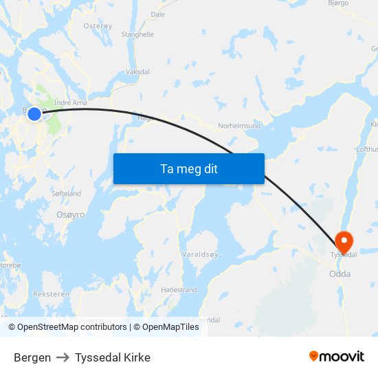 Bergen to Tyssedal Kirke map