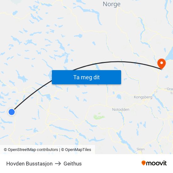 Hovden Busstasjon to Geithus map