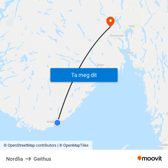 Nordlia to Geithus map