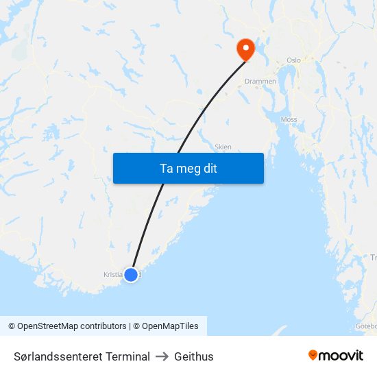 Sørlandssenteret Terminal to Geithus map