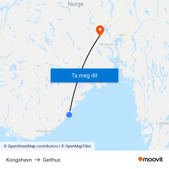 Kongshavn to Geithus map