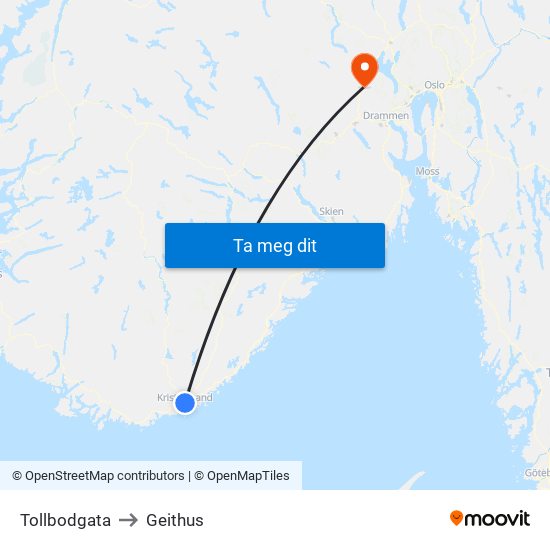 Tollbodgata to Geithus map