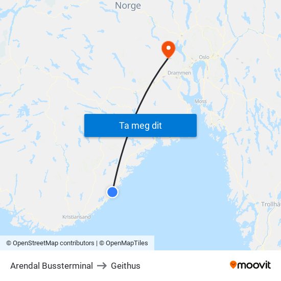 Arendal Bussterminal to Geithus map