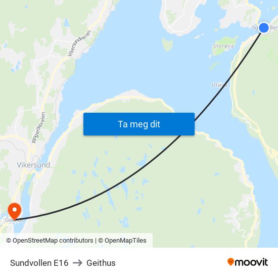 Sundvollen E16 to Geithus map