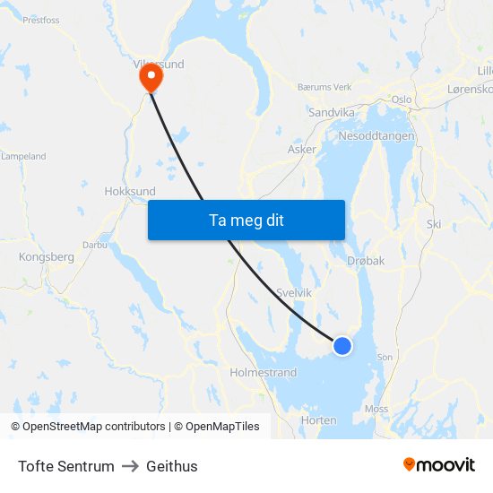 Tofte Sentrum to Geithus map