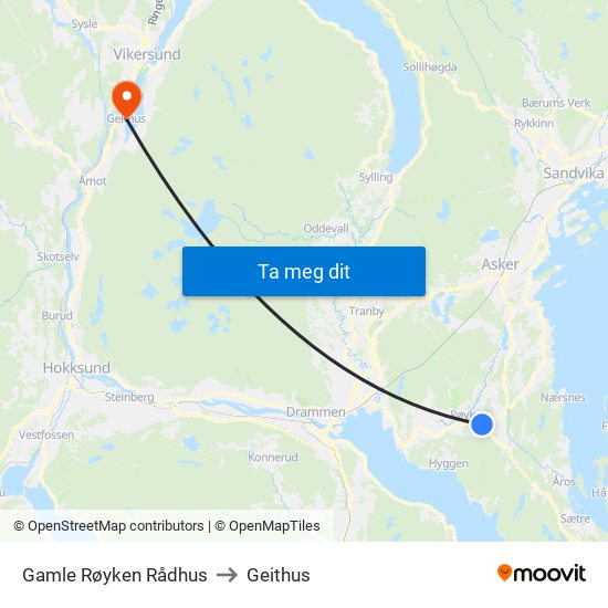 Gamle Røyken Rådhus to Geithus map