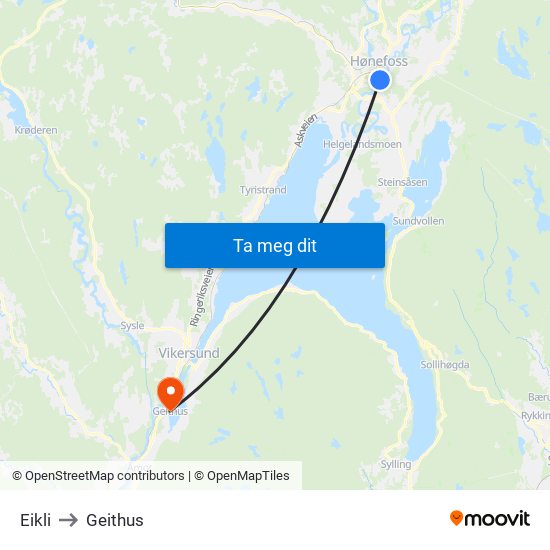 Eikli to Geithus map