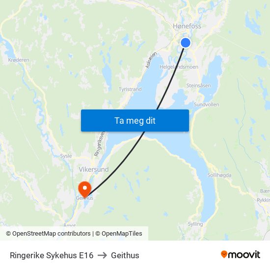 Ringerike Sykehus E16 to Geithus map