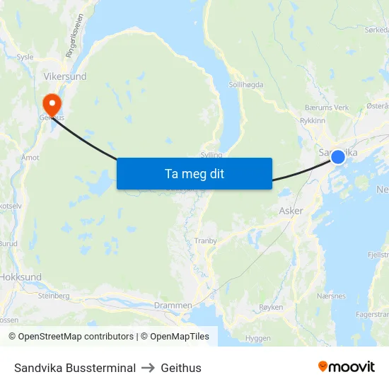 Sandvika Bussterminal to Geithus map