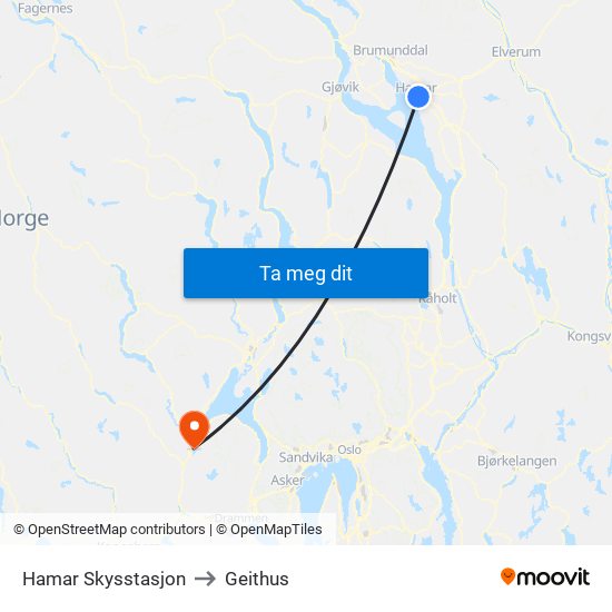 Hamar Skysstasjon to Geithus map