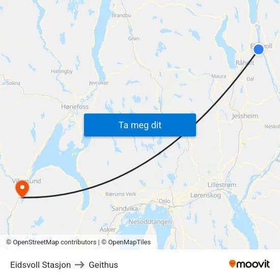 Eidsvoll Stasjon to Geithus map