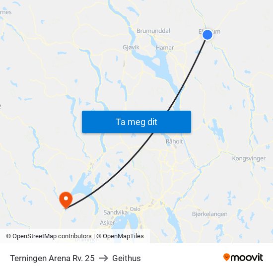 Terningen Arena Rv. 25 to Geithus map