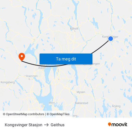 Kongsvinger Stasjon to Geithus map