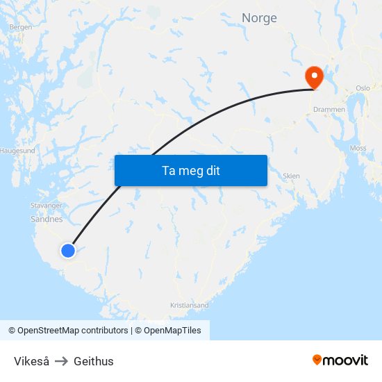 Vikeså to Geithus map