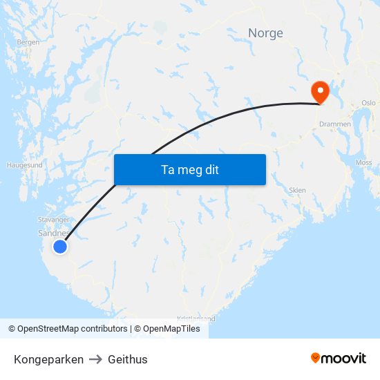 Kongeparken to Geithus map