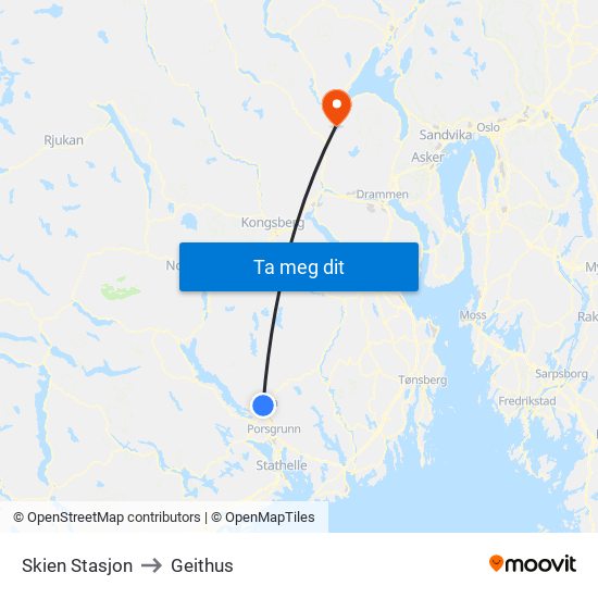 Skien Stasjon to Geithus map