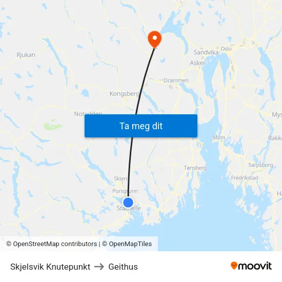 Skjelsvik Knutepunkt to Geithus map