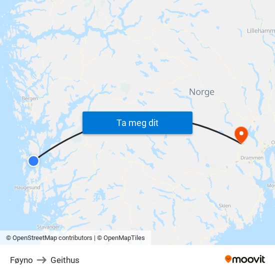 Føyno to Geithus map