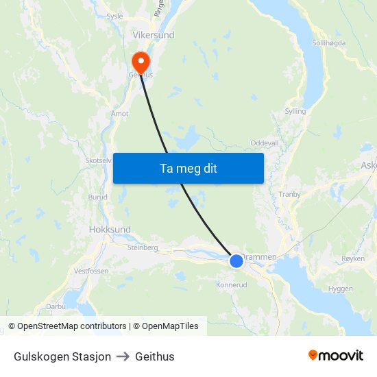 Gulskogen Stasjon to Geithus map