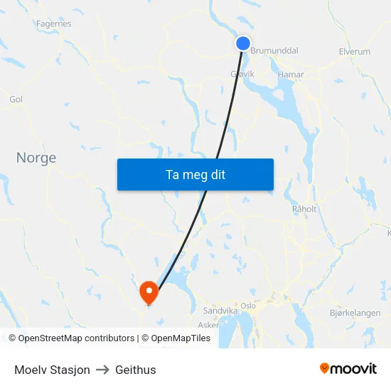 Moelv Stasjon to Geithus map