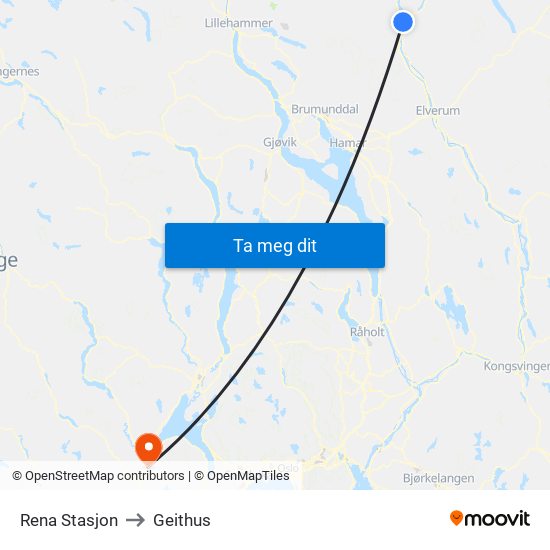 Rena Stasjon to Geithus map