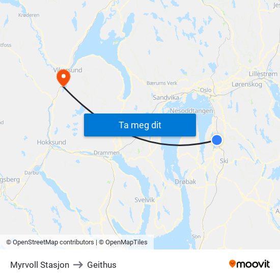 Myrvoll Stasjon to Geithus map