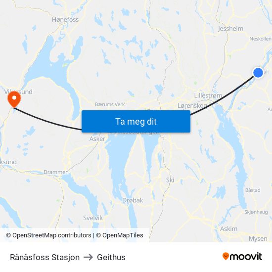 Rånåsfoss Stasjon to Geithus map