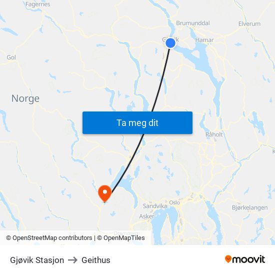 Gjøvik Stasjon to Geithus map