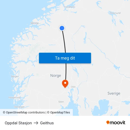 Oppdal Stasjon to Geithus map