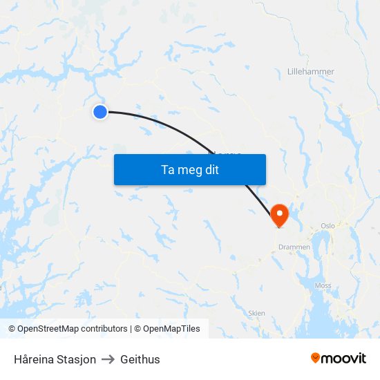 Håreina Stasjon to Geithus map