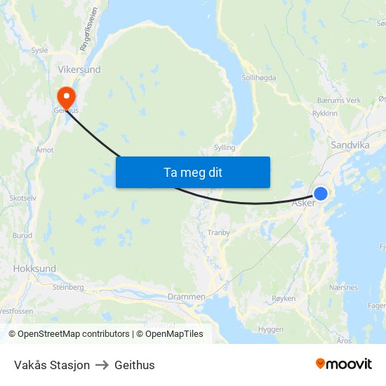 Vakås Stasjon to Geithus map