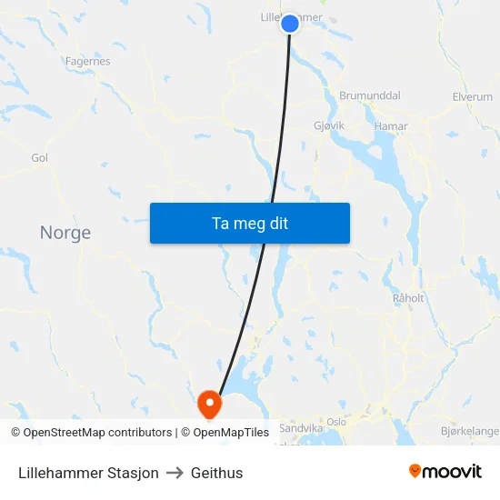 Lillehammer Stasjon to Geithus map