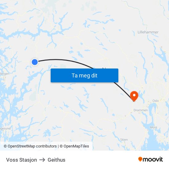 Voss Stasjon to Geithus map